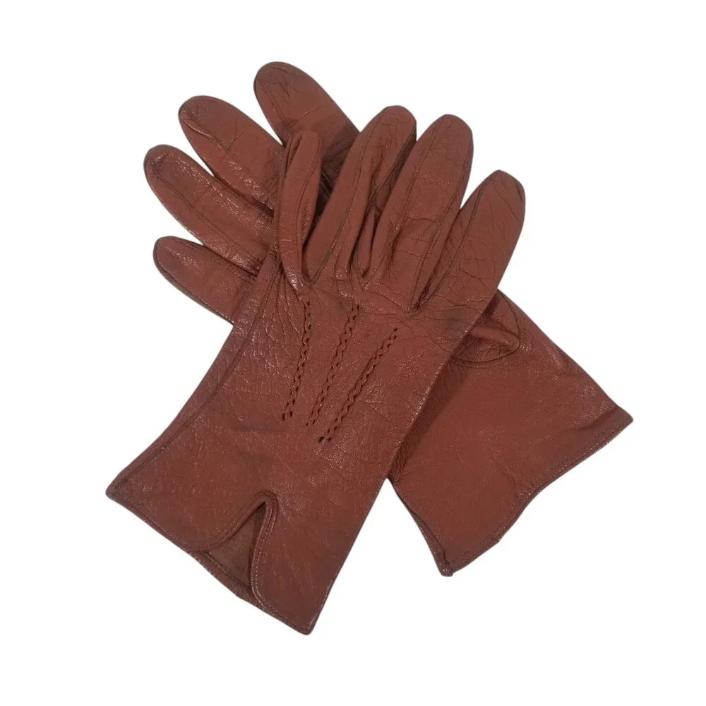 Vintage Leather Driving Gloves Soft Amber Kid Wrist Length Size 7